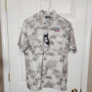 Chaps Gray Casual Button Down Shirt with Camouflage Pattern